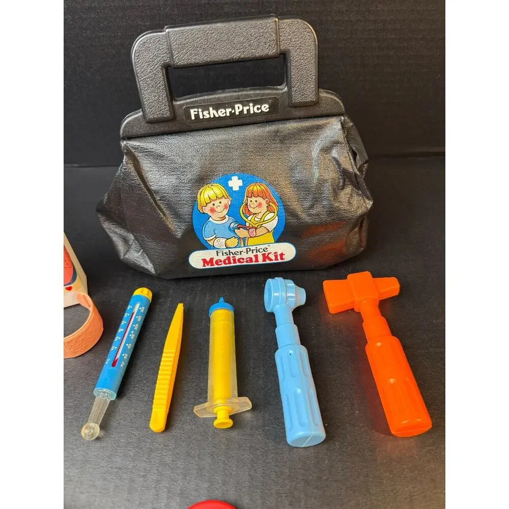 Vtg Fisher Price Medical Kit Doctor Bag 1987 Black w/Accessories 12 Pieces *READ